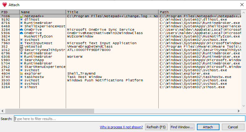 Attaching x64dbg to Notepad++ process
