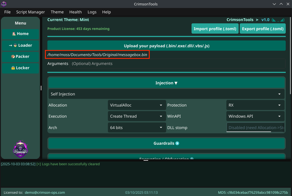 Choice of test payload